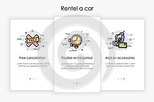 Onboarding screens design in rentel a car concept.