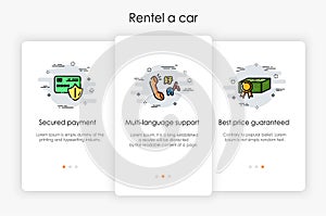 Onboarding screens design in rentel a car concept.