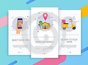 Onboarding screens user interface kit for mobile app templates concept of food delivery. Concept for web banners, websites,