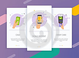 Onboarding screens user interface kit for mobile app templates concept of payment methods. Cash, internet banking, purchasing and