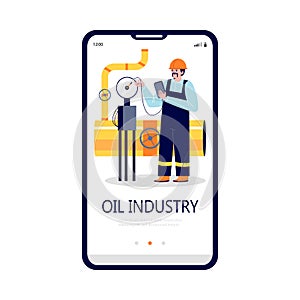 Onboarding start mobile page with oilman checking controlling industry equipment