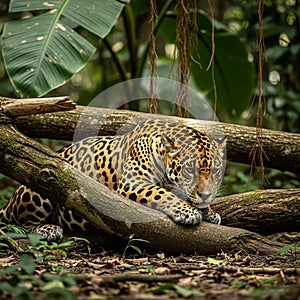 Onca rests on thick moss covered tree branches in a dense rainforest
