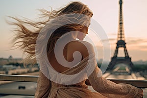 Once in Paris. Back beautiful slim chic girl with long hair in wind against Eiffel tower. Generative AI