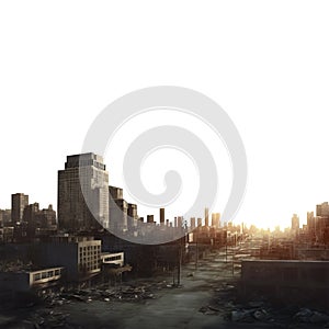 city skyline. War zone city. Futuristic post apocalypse city ruins. PNG file.