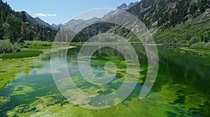 The onceclear waters of a mountain lake have turned a sickly shade of green as an infestation of toxic algae takes hold