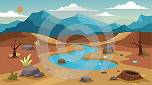 The onceclear waters now murky and stagnant choked with debris as the drought stifles its flow.. Vector illustration. photo