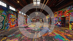 A oncedecrepit warehouse turned into a vibrant colorful art hub with murals covering its walls