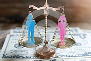 ?oncept of gender equality. Scales with pink female figure and blue male figure. Equivalence, equal rights, gender equality, photo