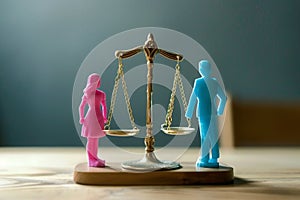 ?oncept of gender equality. Scales with pink female figure and blue male figure. Equivalence, equal rights, gender equality,