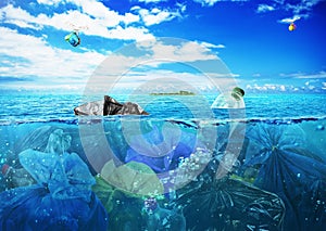 ÃÂ¡oncept of global pollution. The sea full of garbage on the background of nature. photo