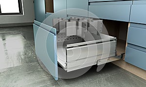 Ð¡oncept of the presentation of kitchen filling and accessories, open drawers of kitchen furniture 3d render illustration