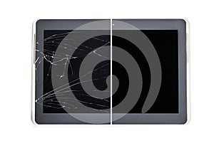 Ð¡oncept showing broken tablet screen vs tempered-glass protected
