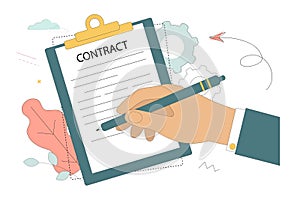 oncept of signing a contract. Man s hand is holding a document.