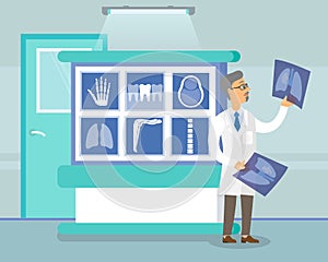 Oncologist holding X-ray picture of lungs. Radiography of parts of human body on the background