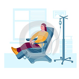 Oncology patient having a chemotherapy. Woman with cancer gets a drip. Vector concept of cancer treatment and medicine.