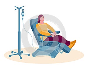 Oncology patient having a chemotherapy. Woman with cancer gets a drip. Vector concept of cancer treatment and medicine.