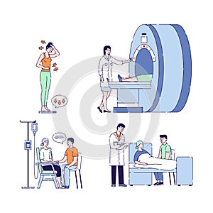 Oncology vector illustration. Symptom disease. Medical examination. Treatment cancer. Palliative care. Isolated cartoon characters