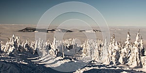 Ondrejnik mountain ridge from hiking trail bellow Lysa hora hill in Czech republic during winter