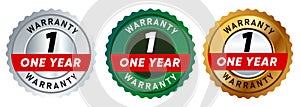 one 1 year warranty badge emblem seal set guarantee collection in silver green and gold premium circle shape