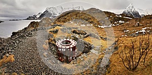 Abandoned german fortification with unfinished circle base for artillery gun from  WWII near Reine / Moskenes in Lofoten, Norway