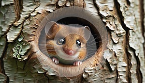 One adorable hazel dormouse looking out of a tree hole, Close Up