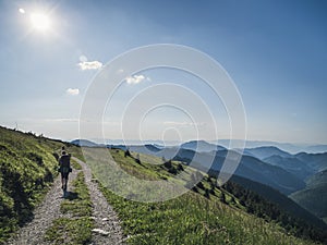 One adult hiker woman with a backpack walking trekking on a mountain meadow trail forest in the Velka Fatra Mountains, Slovakia