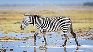 One adult zebra full body side view walking through water in Amboseli National Park Kenya