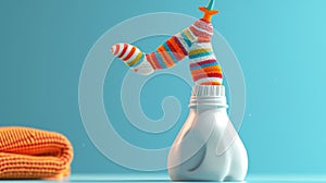 One adventurous sock has climbed to the top of a laundry detergent bottle and is attempting to balance while doing the