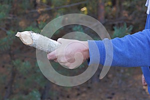 one aggressive man in blue clothes holds a sharp wooden aspen stake in his hand