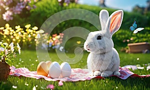 one alone white Happy fluffy Easter Bunny with many white eggs on fresh green grass background. new life. spring season.