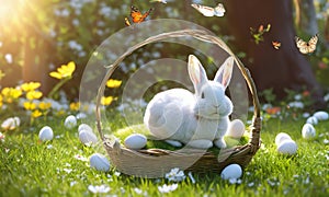 one alone white Happy fluffy Easter Bunny with many white eggs on fresh green grass background. new life. spring season.