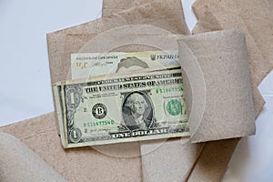 One American dollar and one hundred Ukrainian hryvnia lie on toilet paper on a white background close up
