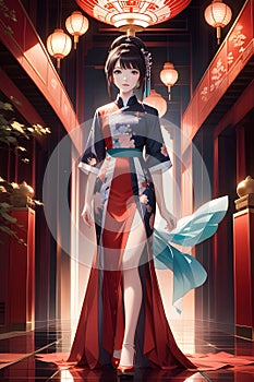 One anime girl with confidence steps into spotlight, her qipao reflecting the inner strength and resilience, wallpaper