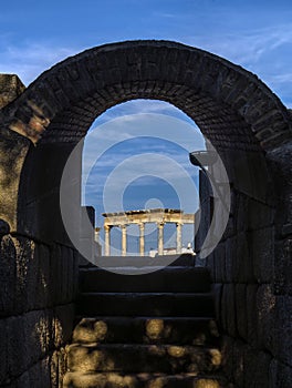 One of the arched entrances that leads by stairs to the stands and the old stage of the Roman Theater of Merida