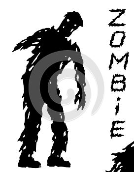 One-armed black zombie silhouette in leaky clothes. Vector illustration.