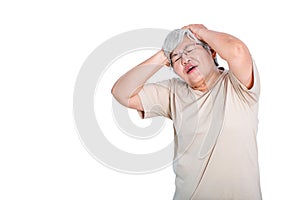 One Asian elderly woman express action of headache or head pain and isolate on white background