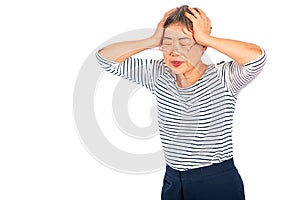 One Asian elderly woman express action of headache or head pain and isolate on white background with copy space