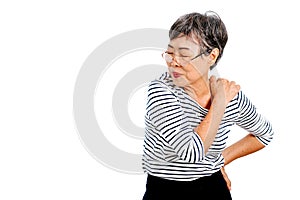 One Asian elderly woman express action of shoulder pain and isolate on white background with copy space