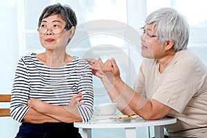 One Asian elderly woman try to reconcile to the other one during the tea time near balcony in the house