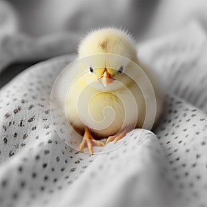 One baby yellow newborn chick close-up on a light cloth. Concept - Easter