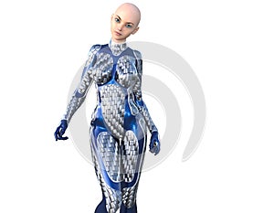 One bald young slender girl in a futuristic costume