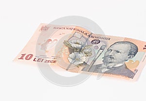 One banknote worth 10 Romanian Lei isolated on a white background