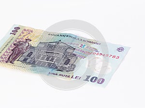One banknote worth 100 Romanian Lei isolated on a white background