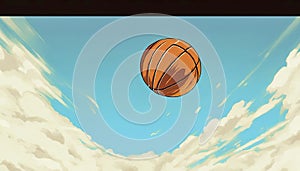 One basketball ball on background of blue sky with fluffy clouds. Equipment for game sport. Cartoon style