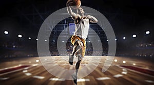 One basketball player jump in stadium panorama view