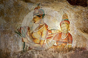 One of the beautiful frescoes at Sigiriya Rock in Sigiriya, Sri Lanka.