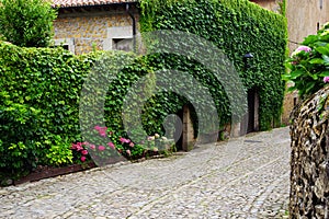 One of the beautiful narrow streets in Santillana del Mar, Cantabria, Spain