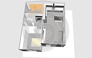 One bedroom, one bathroom, 3D house plan, vaulted ceiling modern design of a tiny house, top view photo