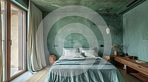 One of the bedrooms features a serene and tranquil atmosphere thanks to the use of a cool bluegreen polished plaster on