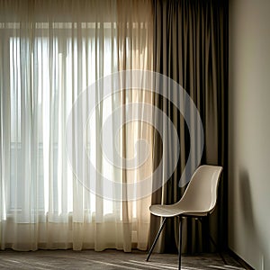 one beige chair in the interior of an empty white room with a window, minimalistic interior